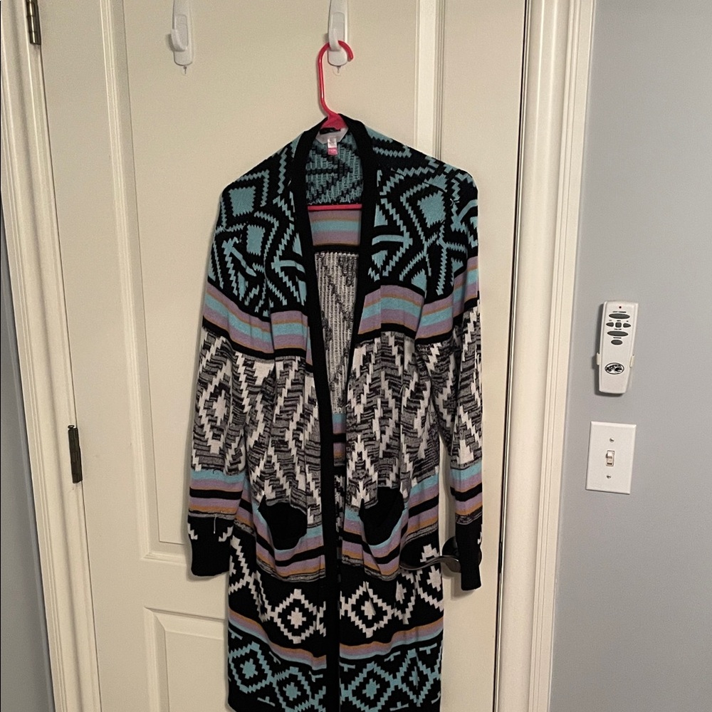 No Boundaries Black and Blue Geometric Cardigan